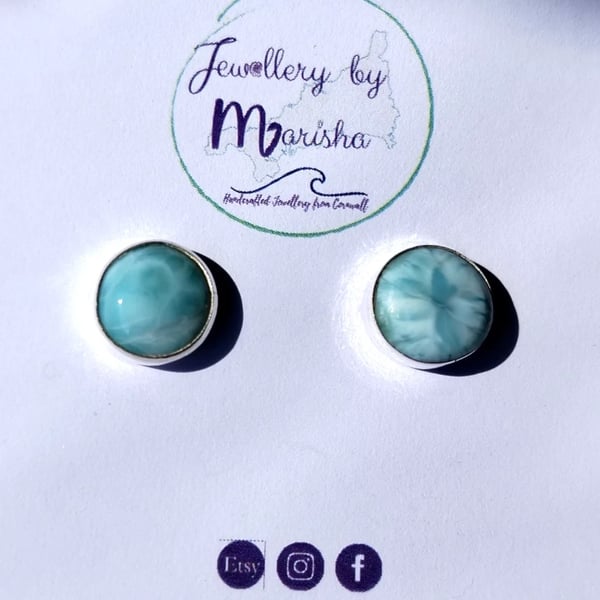 Larimar Studs Earrings Sterling Silver Jewellery Gift 12mm Round Rare Gemstone