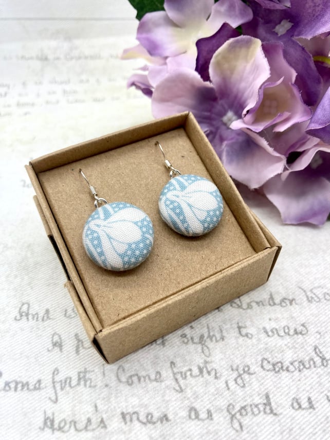 Pale blue snowdrop fabric button small earrings nature lover gifts for her