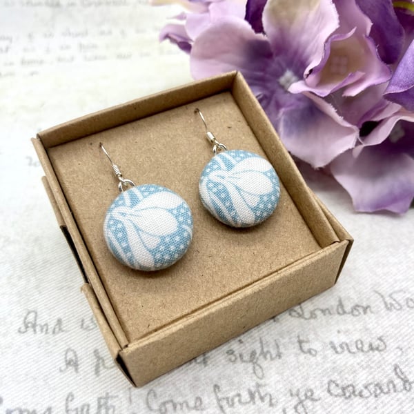 Pale blue snowdrop fabric button small earrings nature lover gifts for her