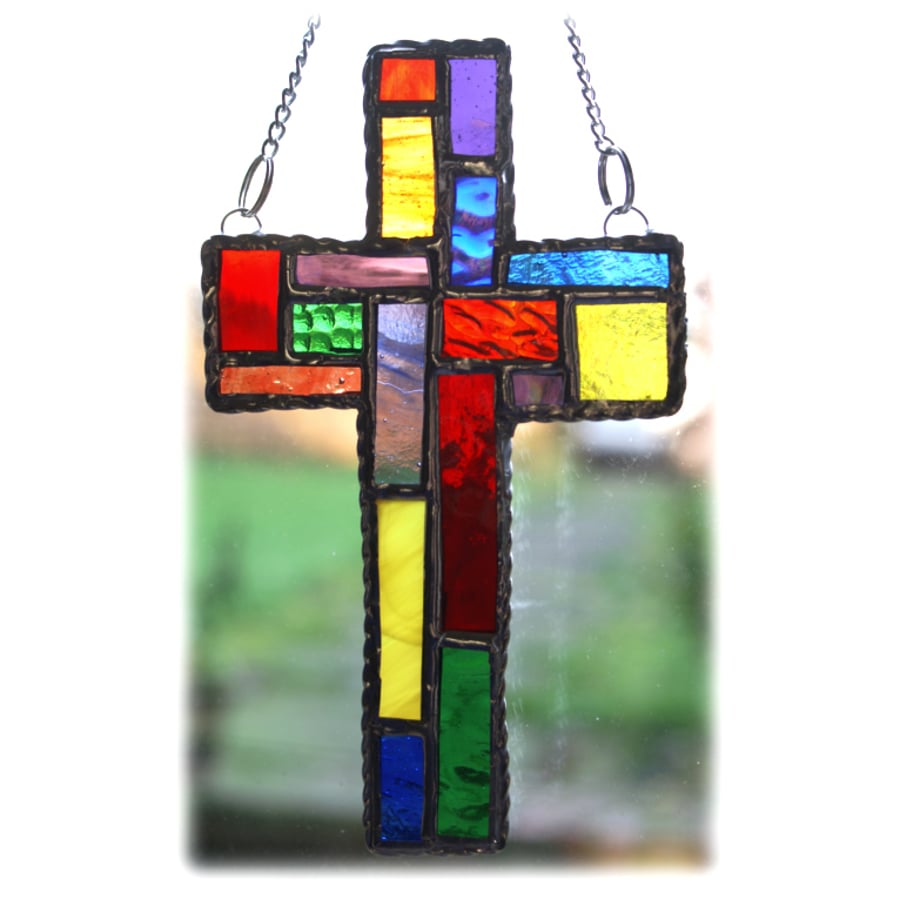 SOLD Cross Suncatcher Stained Glass Handmade Patchwork Rainbow