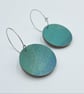 Round, wooden, hand printed hoop earrings in brown pink and blue-green - Image 6
