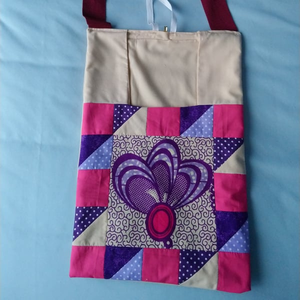 Peg bag. Patchwork peg bag in cerise, purple, mauve and cream. Shoulder strap. 