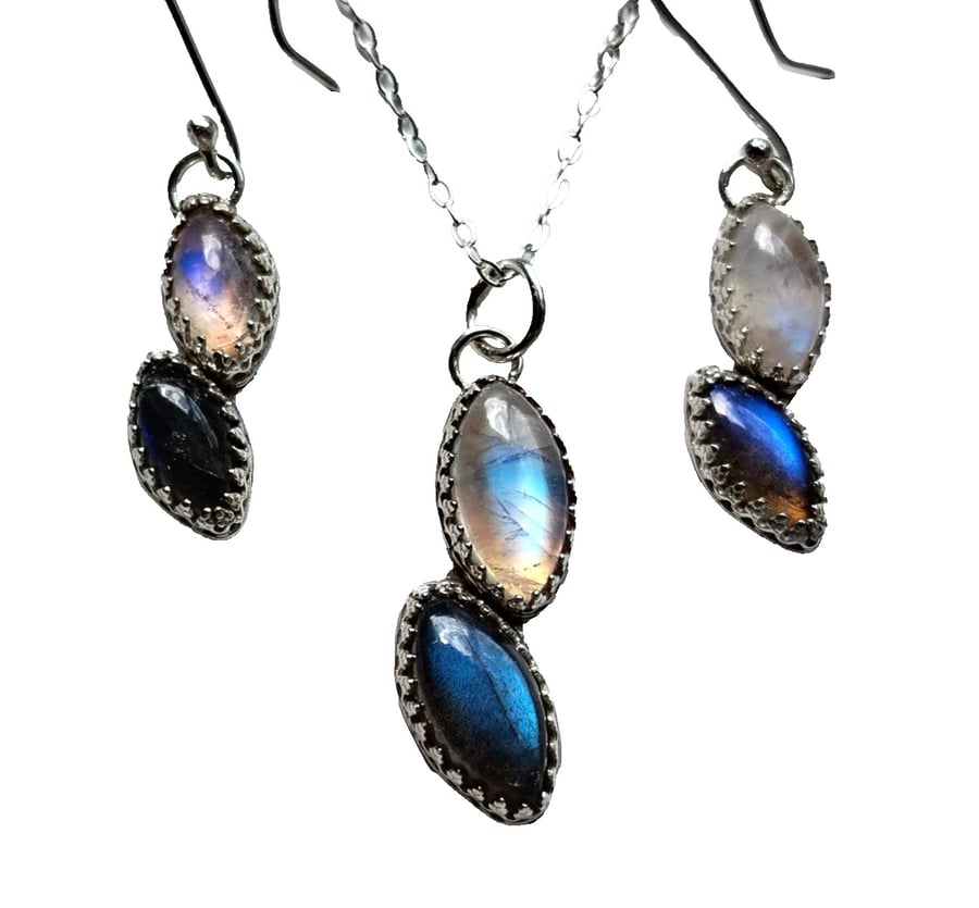 Silver Necklace Earrings Moonstone Labradorite Jewellery Gift Set in Box