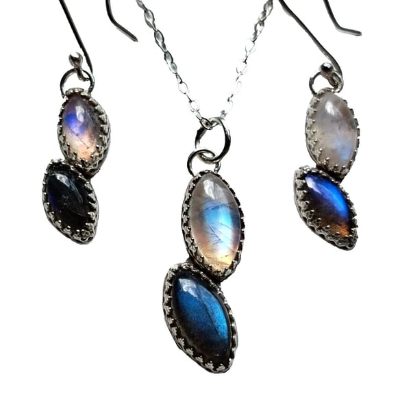 Silver Necklace Earrings Moonstone Labradorite Jewellery Gift Set in Box
