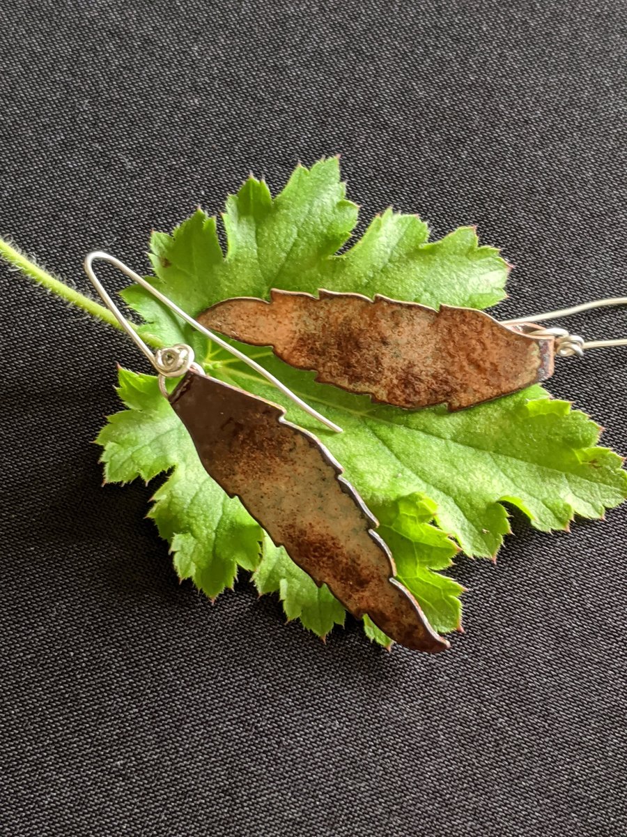 Autumn leaf earrings, enamel on copper with silver ear hooks