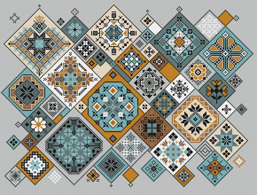 013A Cross Stitch Quaker Sampler, tiled Ackworth patchwork squares 