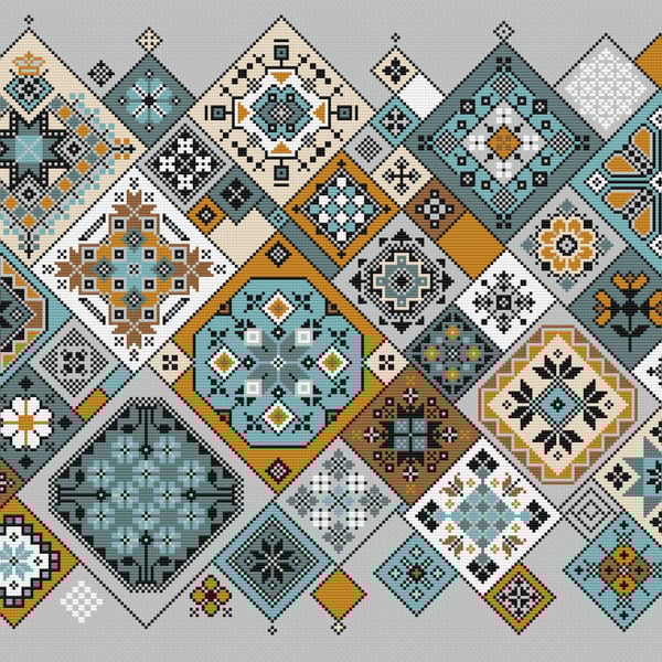 013A Cross Stitch Quaker Sampler, tiled Ackworth patchwork squares 