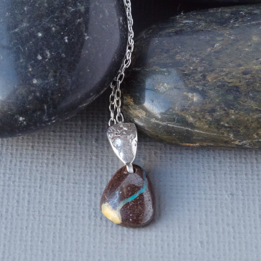 Raw Natural Australian Boulder Opal Pendant Stone Textured Sterling Silver Bail 