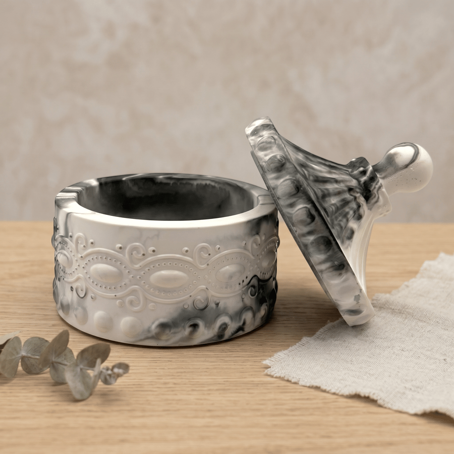 Grey Marbled Ornate Jewellery Box - Circus Tent Style Trinket Pot With Lid otp1