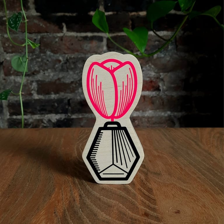Black & Neon Pink Tulip Love You Flower Ornament Handmade Wooden  