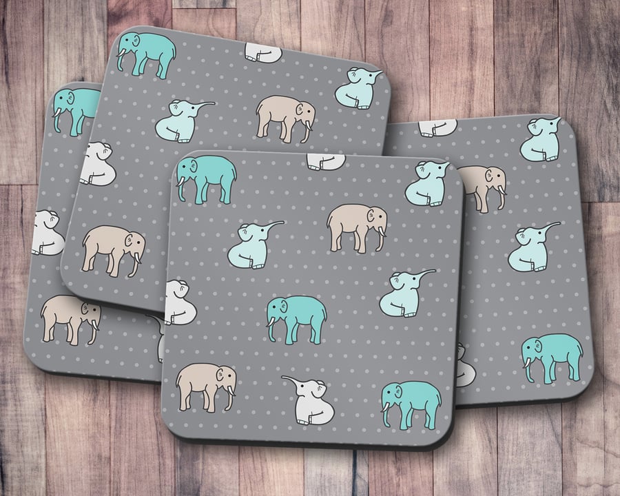 Set of 4 Grey Coasters with a Multicoloured Elephants Design, Drinks Mat