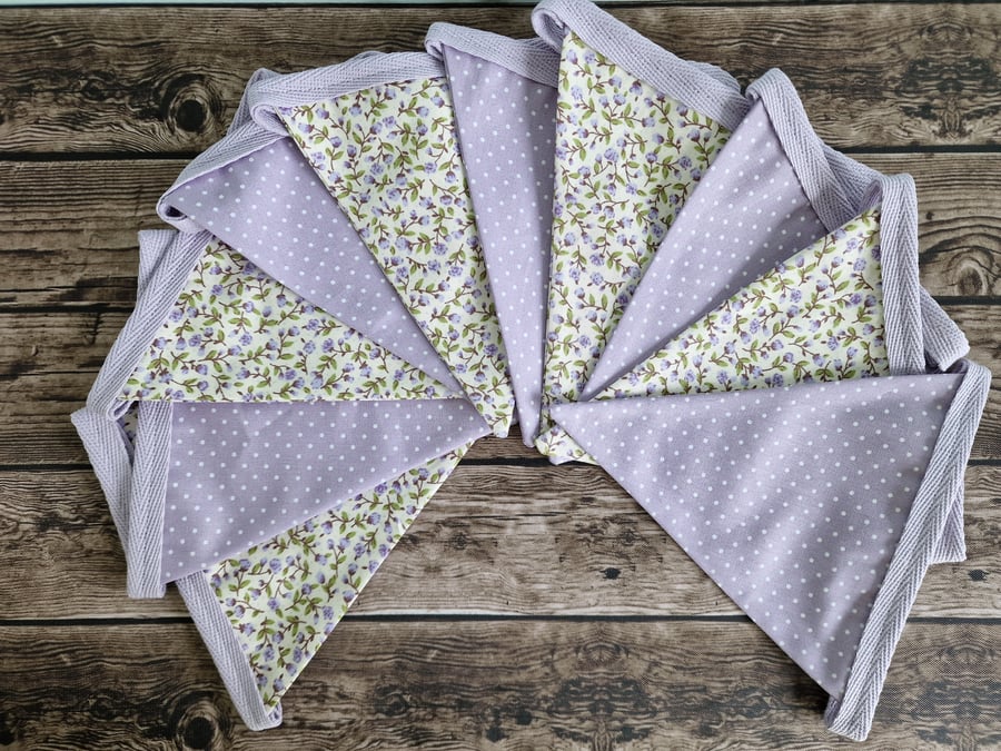 Vintage Style Lilac & Cream Floral Spotted Double Sided Handmade Fabric Bunting