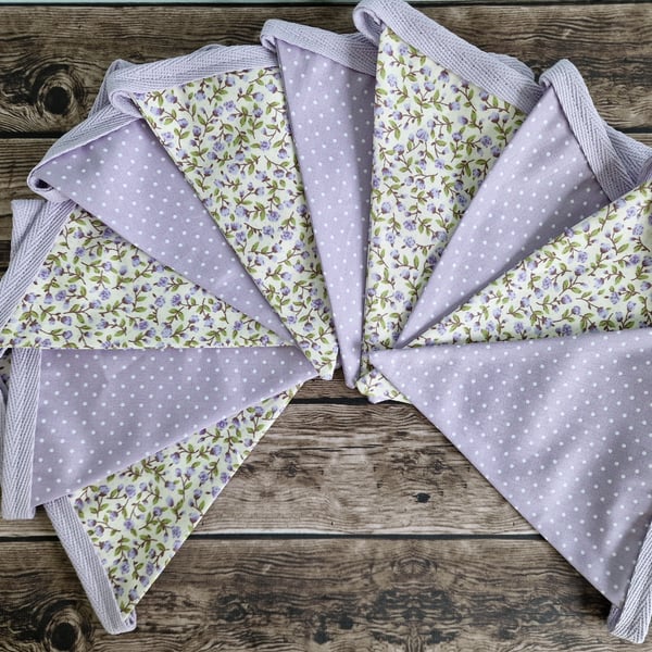 Vintage Style Lilac & Cream Floral Spotted Double Sided Handmade Fabric Bunting