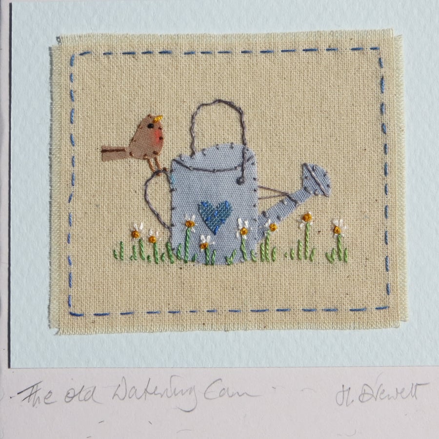 The Old Watering Can, a hand-stitched card with lots of detail, a card to keep!