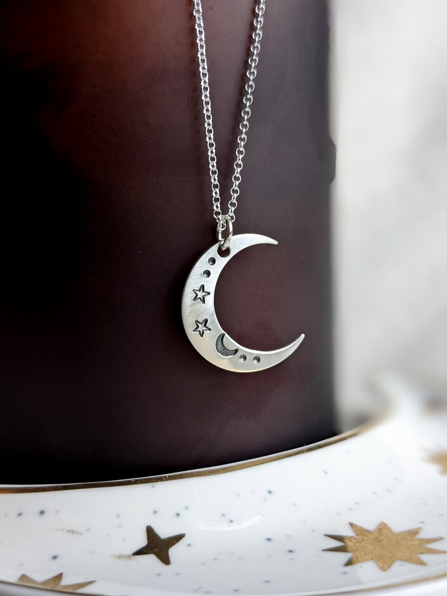 Silver crescent moon necklace, celestial silver moon & stars pendant
