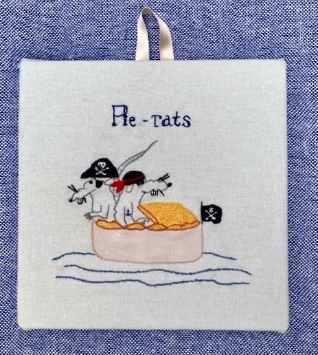 "Pie-rats" hand embroidered picture.