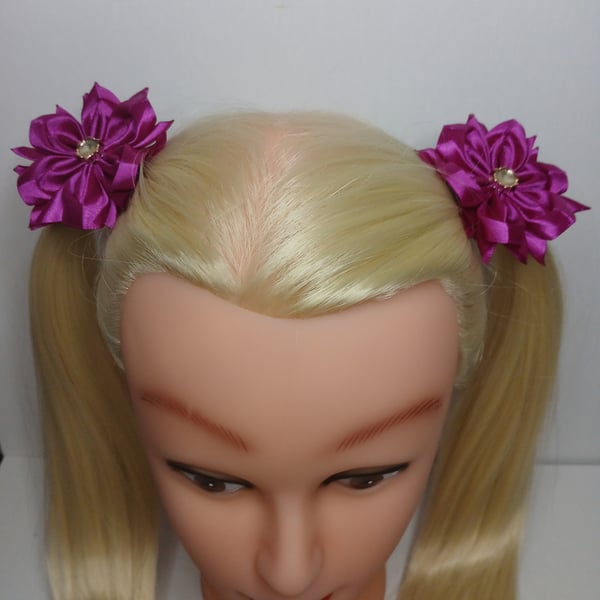 Fuchsia Ribbon Hair Clips - Kids Vibrant Accessories, Handmade in UK