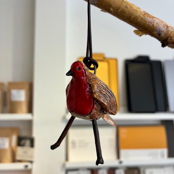 Robin cute hanging Tree decorations Ceramic and wood.
