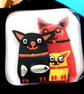 Handmade Fused Glass 'Cats with Fish' Brooch - Image 1