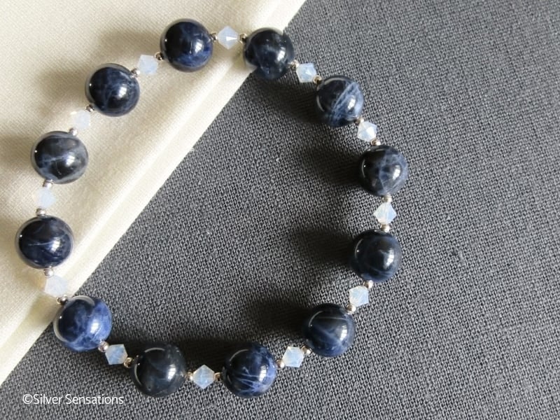 Dark Blue Sodalite, Opal Crystals & Sterling Silver Beaded Stretch Bracelet