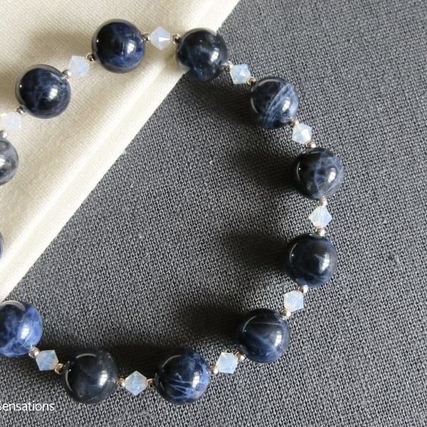 Dark Blue Sodalite, Opal Crystals & Sterling Silver Beaded Stretch Bracelet