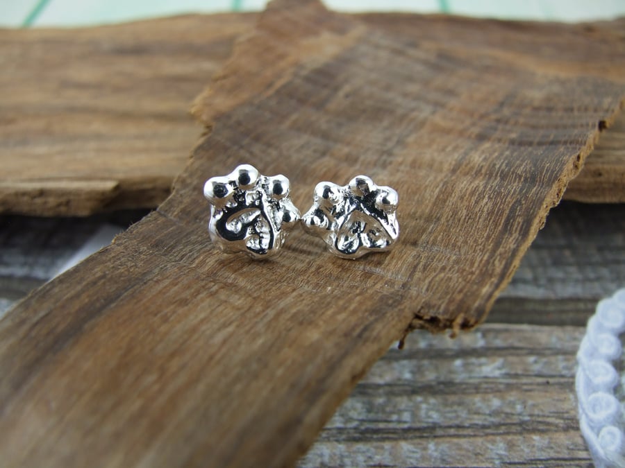 Sterling Silver Paw Print Stud Earrings, Textured Recycled Silver