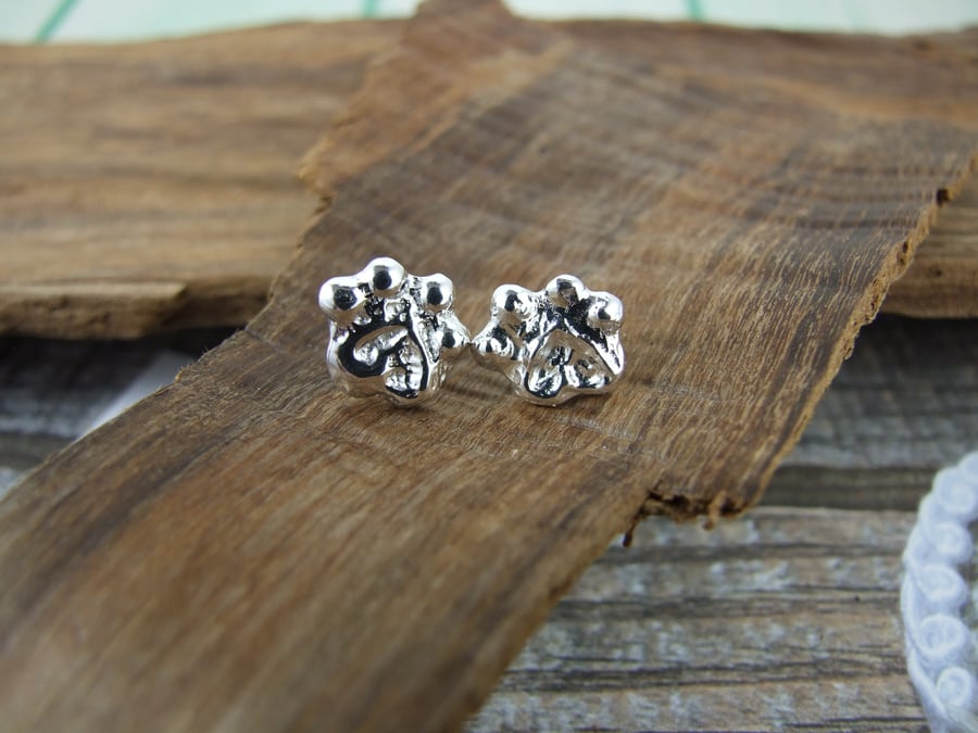 Sterling Silver Paw Print Stud Earrings, Textured Recycled Silver