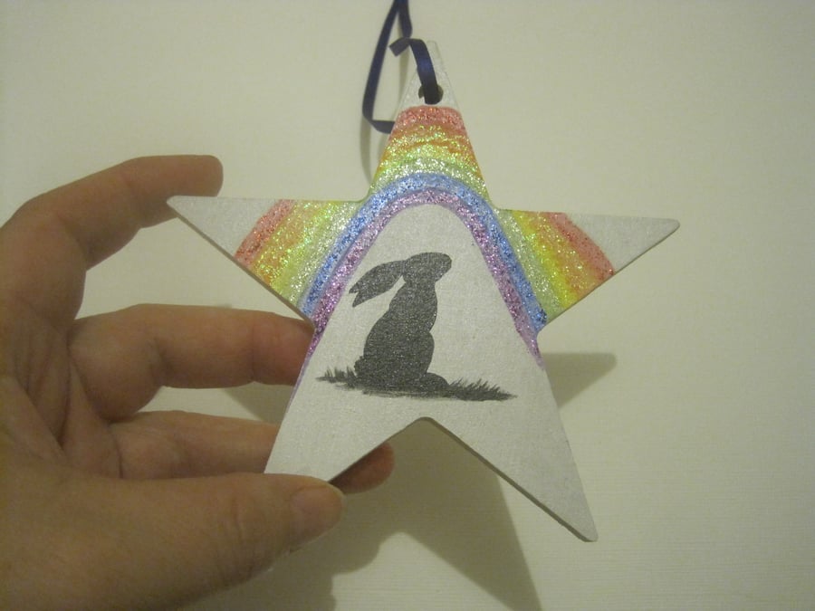 Pet Memorial Star with Bunny Rabbit and Rainbow