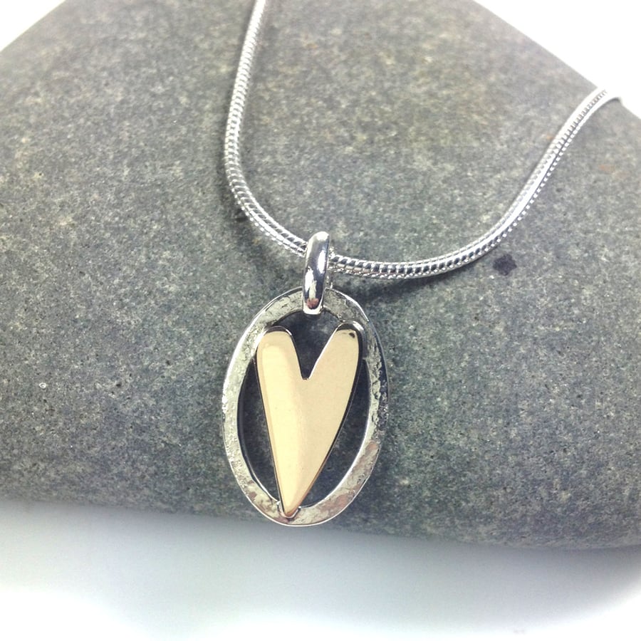Silver and gold heart necklace love token or valentines gift
