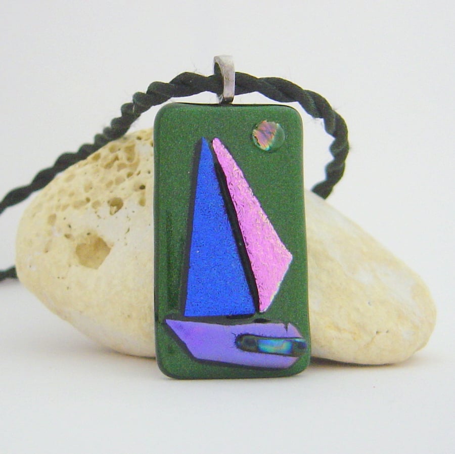 Dichroic glass pendant art Moonlit sails on green