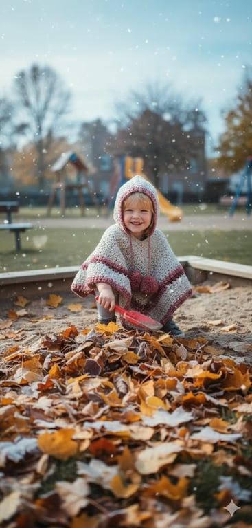 Handmade Crochet Hooded Poncho for Child - Beige & Pink Boho Cape with Pom Poms