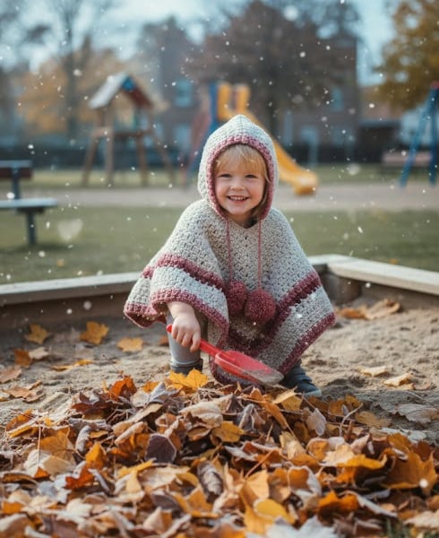 Handmade Crochet Hooded Poncho for Child - Beige & Pink Boho Cape with Pom Poms