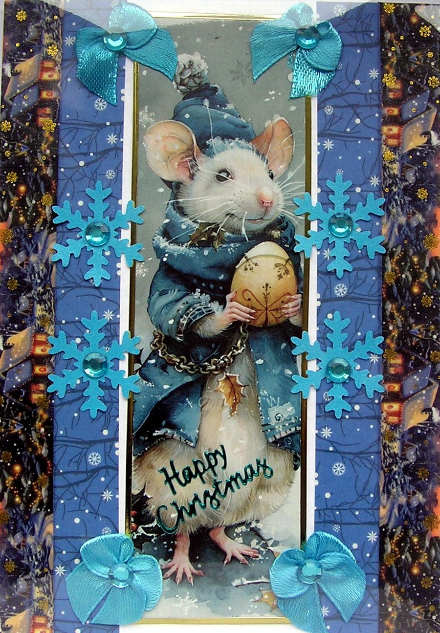Hand Crafted Decoupage Chistmas Card - Happy Christmas (3228) Wiseman Mouse