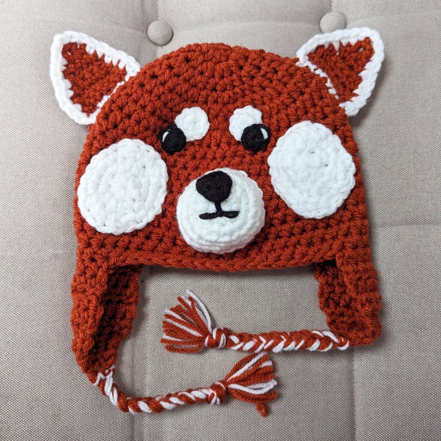 Crochet red panda hat, winter novelty hat, newborn, child, toddler, adult sizes