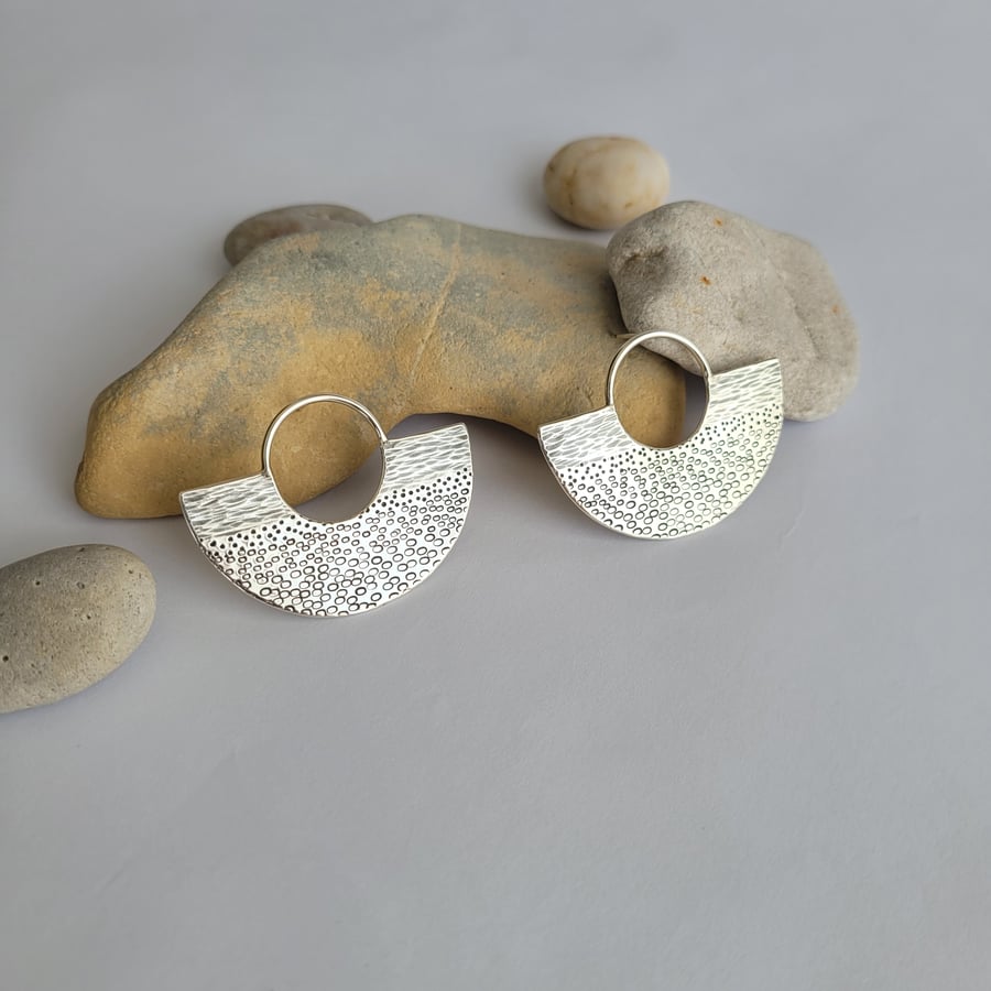 Pebble Beach Scene Statement Stud Earrings - Recycled Sterling Silver