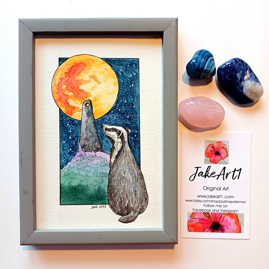 Moongazing badger framed original illustration 