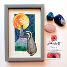 Moongazing badger framed original illustration 