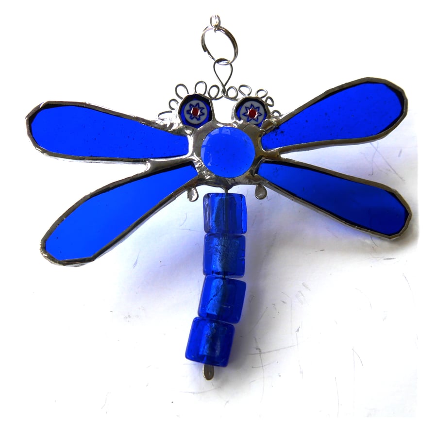 Dragonfly Suncatcher Stained Glass Blue Bead-Tailed 056