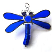 Dragonfly Suncatcher Stained Glass Blue Bead-Tailed 056