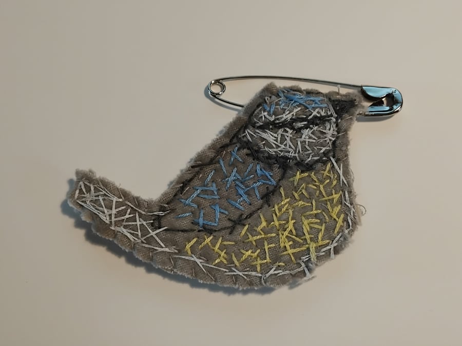 Bluetit Stitched Textile Brooch With Safety Pin