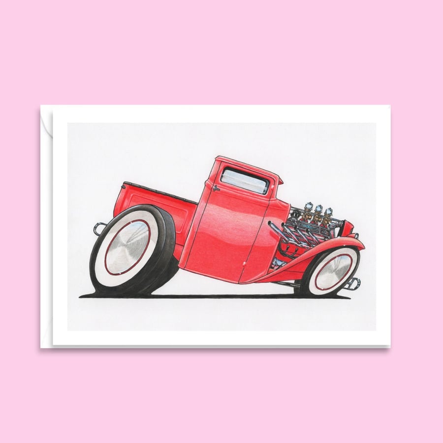 Red Hot Rod Greeting Card: Car Lover Birthday Card - Pencil Illustration