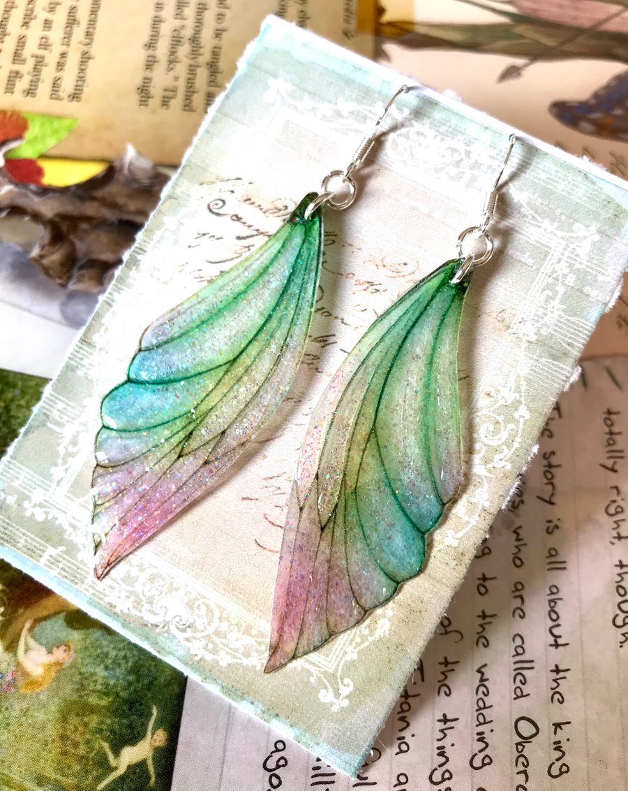 Large Pastel Coloured Sterling Silver Fairy Wing Earrings