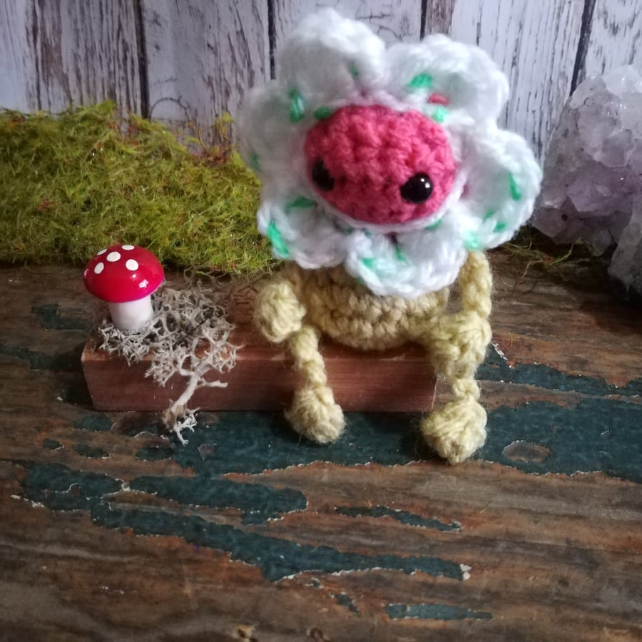 Crochet Lucky Flower Sprite On Wooden Base