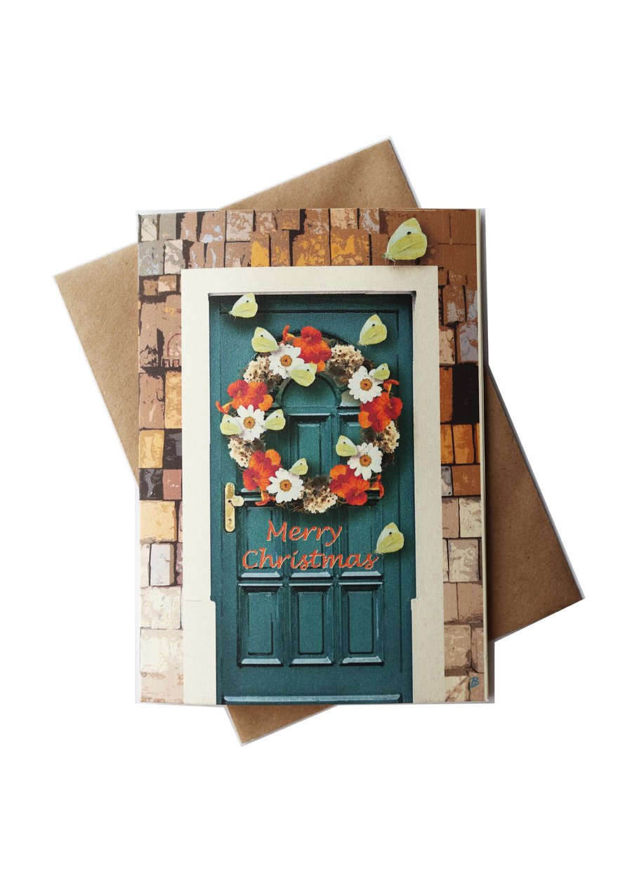 Personalised Christmas card - Yellow Butterfly Wreath on green door