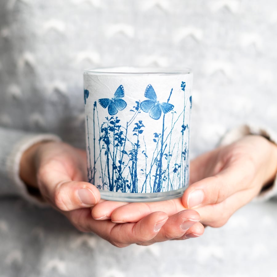 Butterfly Meadow Cyanotype candle holder white & blue, Mother’s Day gift 