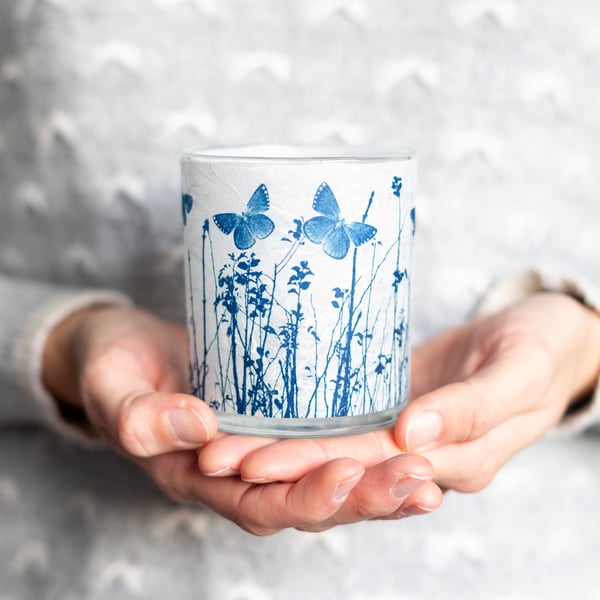 Butterfly Meadow Cyanotype candle holder white & blue, Mother’s Day gift 