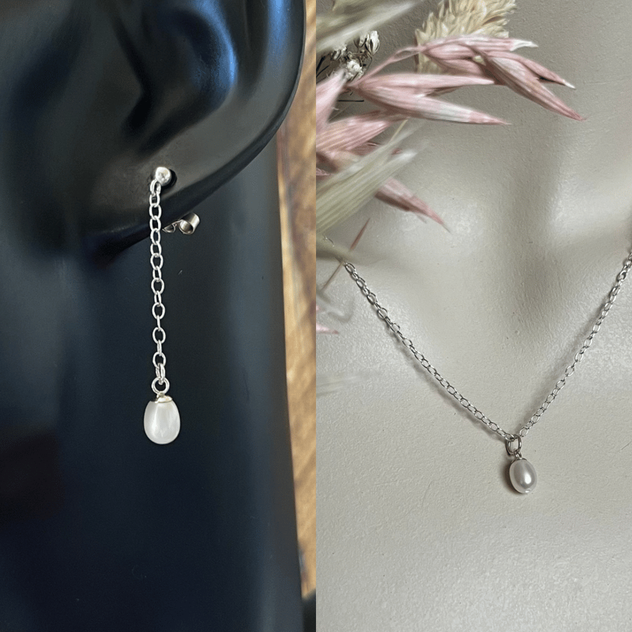 Handmade Rice Pearl Drop Earrings & Pendant Set Sterling Silver