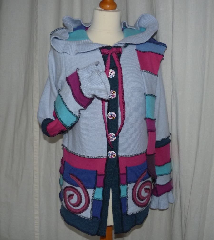 Upcycled Sweater Wool Hoodie with Buttons Long Hood and Patch Pockets in Blue