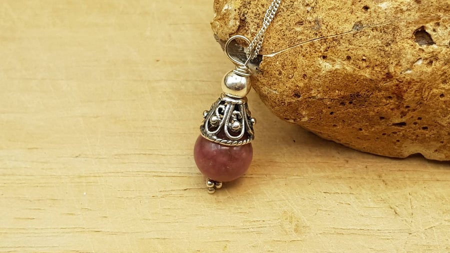 Minimalist Rhodonite cone pendant necklace. Bali silver necklaces for women