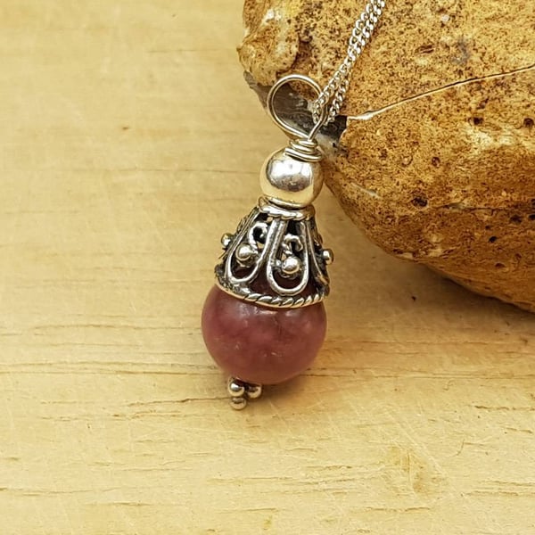 Minimalist Rhodonite cone pendant necklace. Bali silver necklaces for women